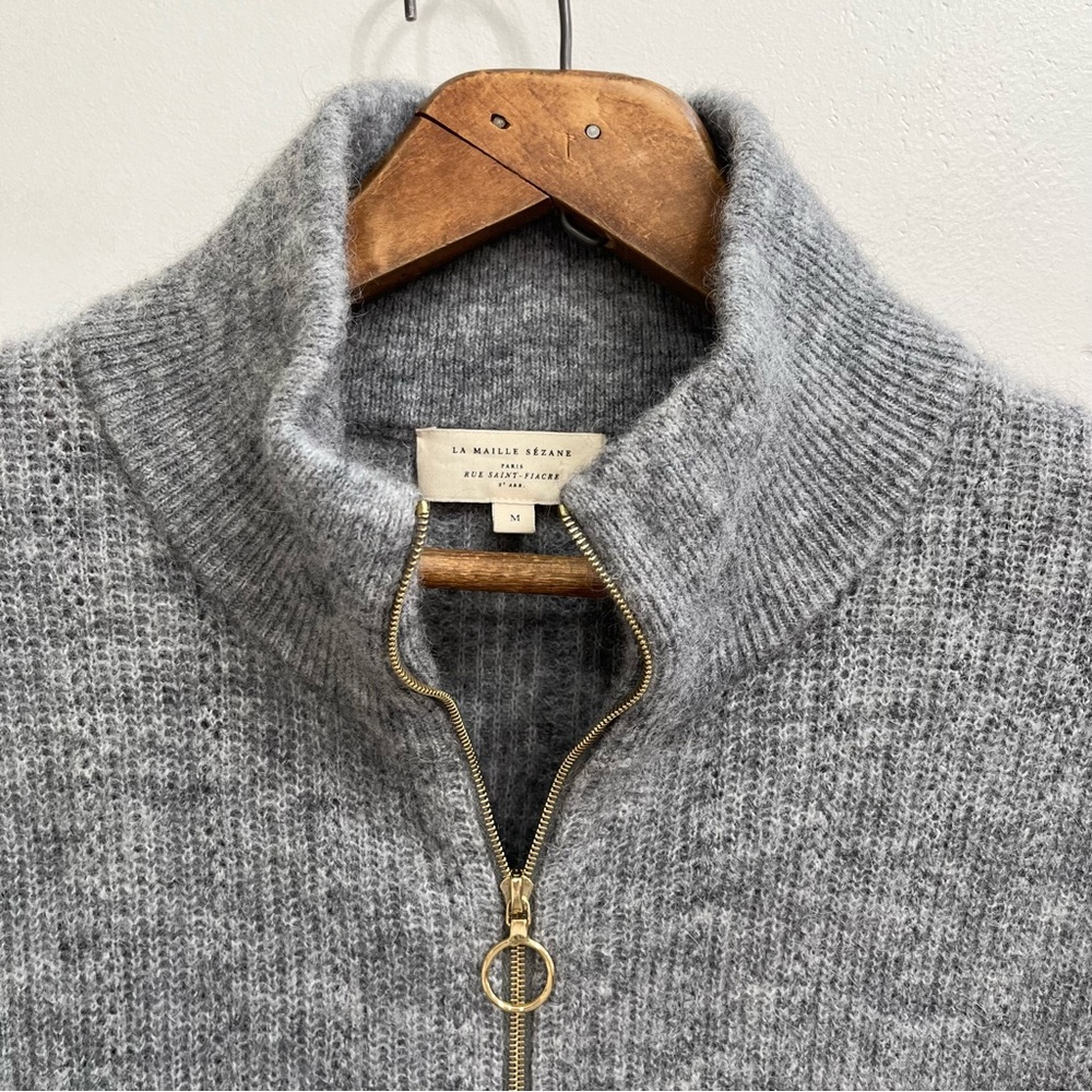 La Maille Sezane Gray Zip Front Cardigan Sweater Kid Mohair Wool Size Medium - Picture 2 of 7